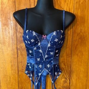 Victoria's Secret Navy Blue Floral Lace Bustier with Pink Accent Matching Panty